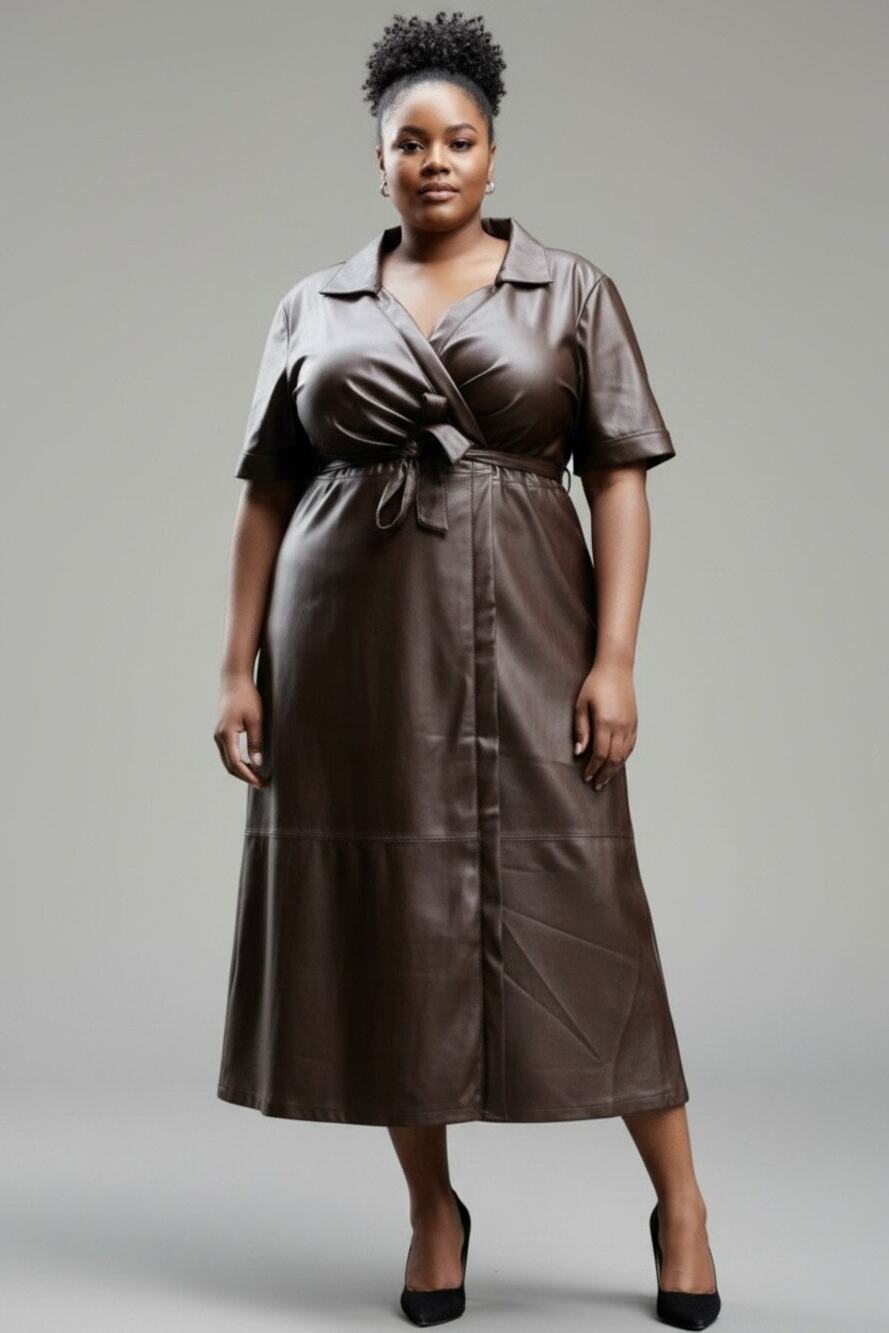Eloquii Dark Brown Faux Leather Midi Wrap Dress Plus Size 24